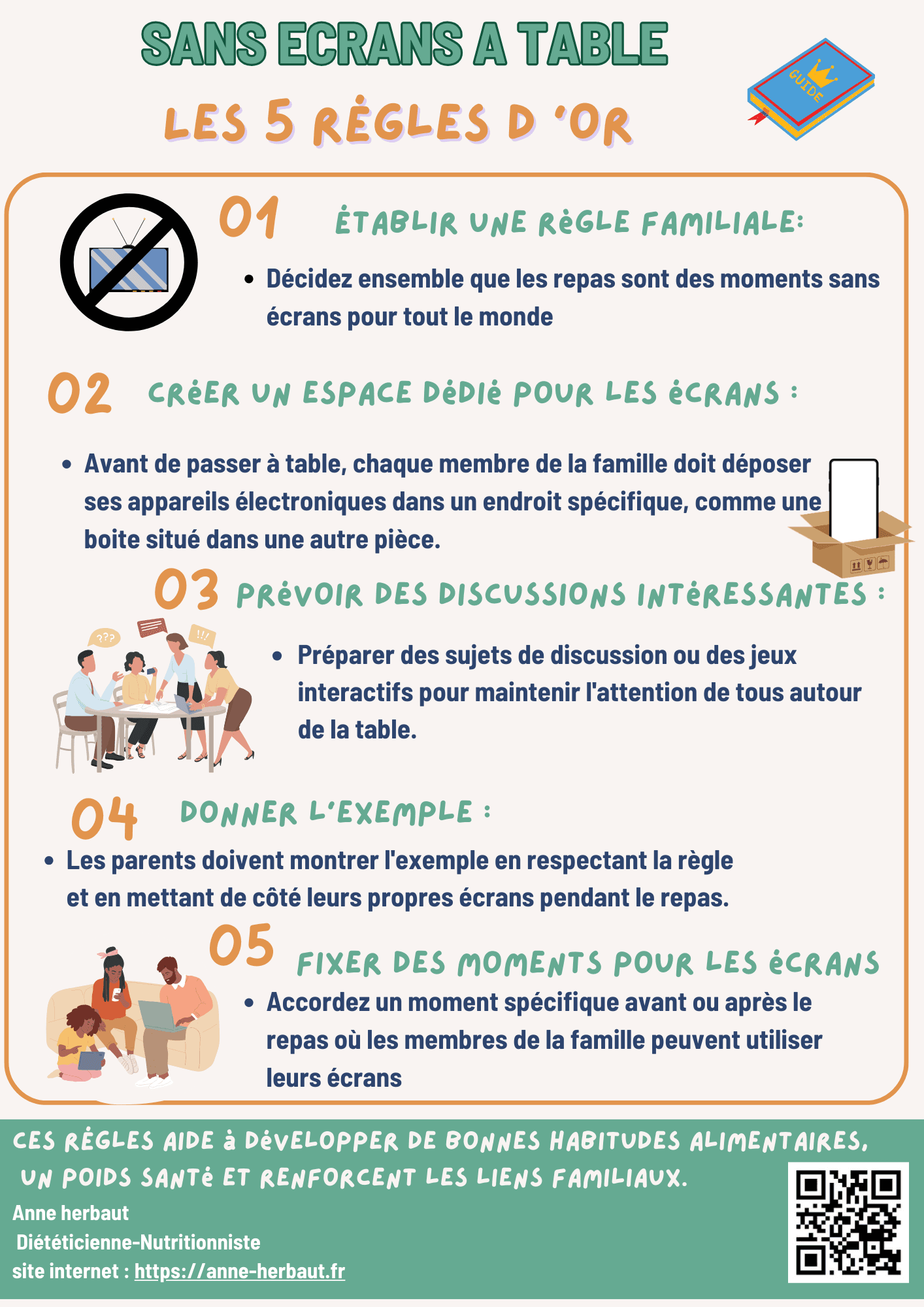 Flyer des cinq règles d'or pour des repas sans écran à table